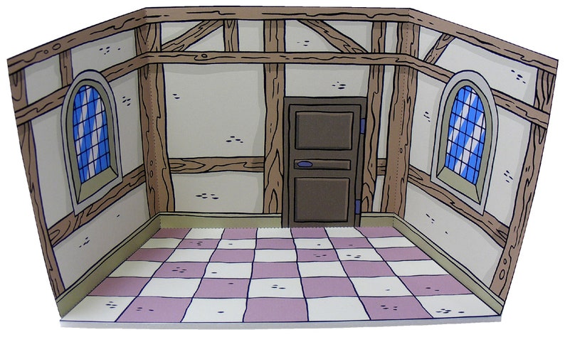 May include: A papercraft model of a room interior with a checkered floor, a wooden door, and two arched windows with stained glass.