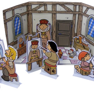 May include: A paper craft set featuring a medieval workshop with figures of artists painting on easels. The figures are dressed in colorful clothing and are surrounded by various tools and materials. The workshop is decorated with a wooden frame and a tiled floor.