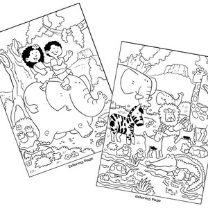 May include: Black and white coloring page featuring a girl riding an elephant with a giraffe, zebra, crocodile, and other animals in the background. The text "Coloring Page" appears at the bottom of the page.