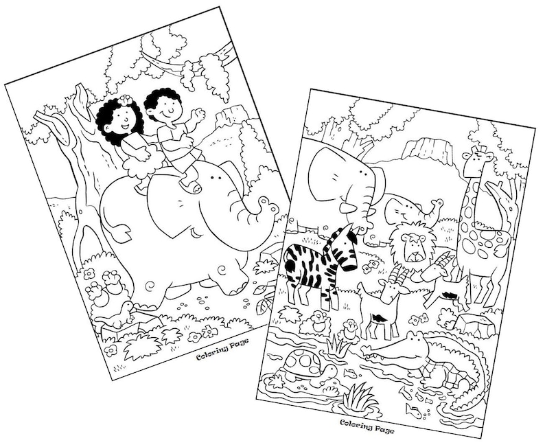May include: Black and white coloring page featuring a girl riding an elephant with a giraffe, zebra, crocodile, and other animals in the background. The text "Coloring Page" appears at the bottom of the page.