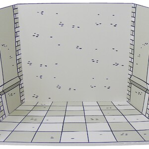 May include: A white room with a tiled floor and brick walls. The walls have small holes in them. The room is empty.