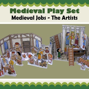 May include: A medieval play set with paper cutouts of people and buildings. The set includes a scene of artists working in a workshop, with a painter, a sculptor, and a woodcarver. The text on the image reads "Medieval Play Set Medieval Jobs - The Artists".