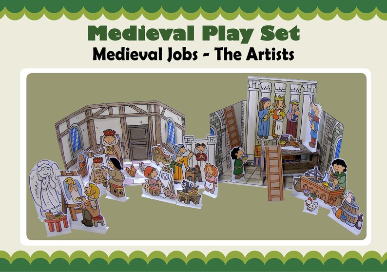 May include: A medieval play set with paper cutouts of people and buildings. The set includes a scene of artists working in a workshop, with a painter, a sculptor, and a woodcarver. The text on the image reads "Medieval Play Set Medieval Jobs - The Artists".