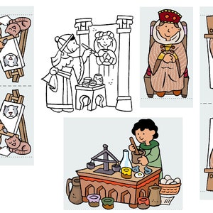 May include: A set of four illustrations depicting a person painting a portrait. The first illustration shows a person painting a portrait of a cat. The second illustration shows a person painting a portrait of a person. The third illustration shows a person sitting on a throne. The fourth illustration shows a person painting a portrait of a person on a throne.