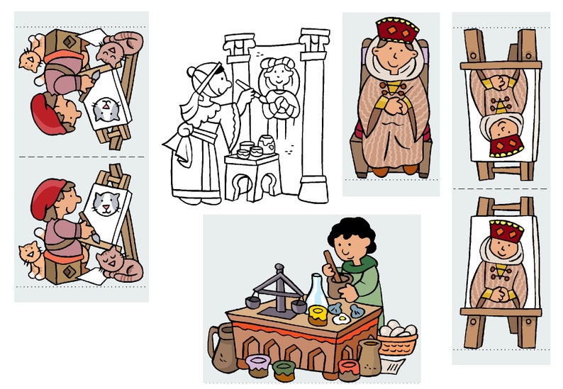 May include: A set of four illustrations depicting a person painting a portrait. The first illustration shows a person painting a portrait of a cat. The second illustration shows a person painting a portrait of a person. The third illustration shows a person sitting on a throne. The fourth illustration shows a person painting a portrait of a person on a throne.