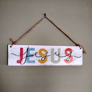 Reversible Distressed Wood Jesus sign 13x4&quot; two-sided message Wall Hanging Religious Sign Jesus Loves You message