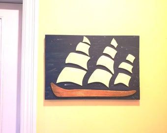 28x18" Sailboat Pirate Ship Painting with Mounted Hand-painted Wooden Sails Wooden Galleon Boat