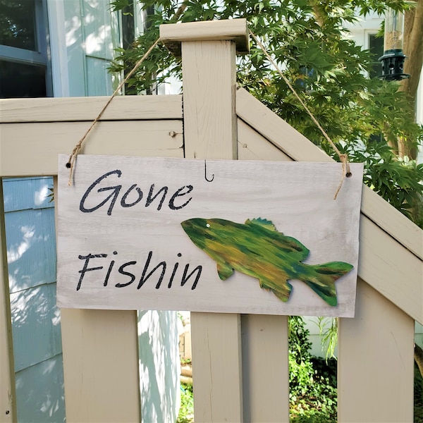 Gone Fishin' 20x10" Hanging Sign with Hand-painted Freshwater Fish Mounted on Reclaimed Wood