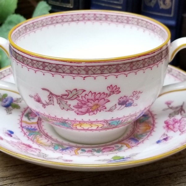 Royal Doulton Antique Orient E5697 5 3/8" Porcelain 2 Handle Footed Cup and Saucer - Coffee or Soup - Rare