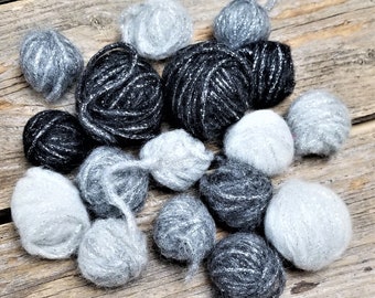 Tiffany Yarn - Little Glitter Scarf Kit - 17 Small Balls - Baby Alpaca Glitter Yarn - Blacks and Greys - New Old Stock