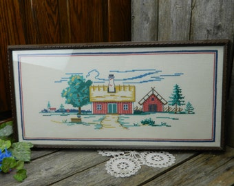 Vintage Cross Stitch Barn Scene in Wood Frame - Barn, Out Building