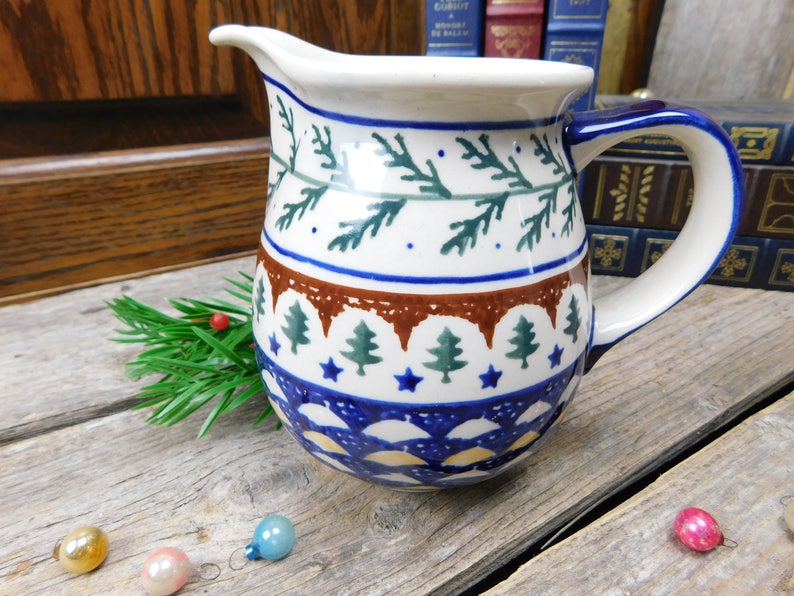 Vintage Polish Pottery Christmas Winter Evergreen Pitcher Etsy