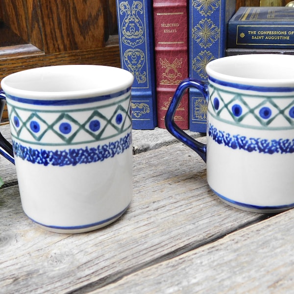 Set of 2 Vintage Diamond and Dot Polish Pottery Mugs Coffee Cups - Boleslawiec