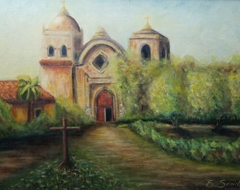 Southwest Abode Church Cathedral Painting by E. Sarich - Vintage