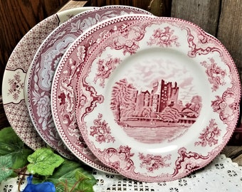 Set of 4 Red on White Dinner Plates: Johnson Bros Old Britain Castles, Spode Georgian Series Floral, Royal China Memory Lane, Wood & Sons