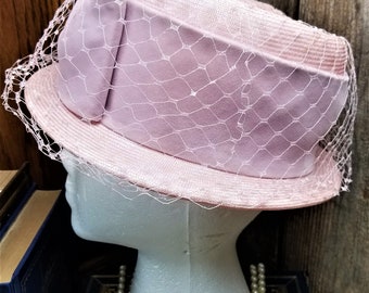 Vintage - Marshall Field and Company - Soft Pink Woman's Hat - Velvet Bow and Netting - Mid Century