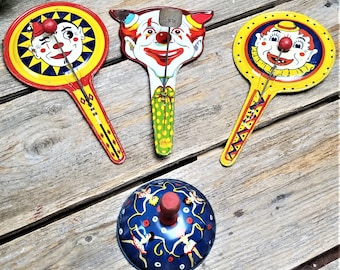 Tin Litho Noisemakers - U.S. Metal Toy Mfg. Co - Kerchhof Life of the Party - Clowns - Shaker Noise Maker - Vintage