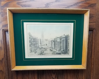 Wall Street New York 1850 Hand Colored Framed Lithograph with Painted Glass Mat - Forest Green and Gold - Antique - 19th Century