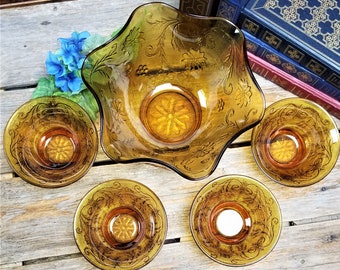 Indiana Glass - Tiara - Amber - Sandwich Glass - Fluted Salad/Dessert Serving Bowl - 4 Salad/Dessert Bowls - Vintage