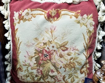 Chelsea Textiles Company  - Needlepoint Pillow - Traditional - Tassels - Velvet Backing - Vintage - Floral