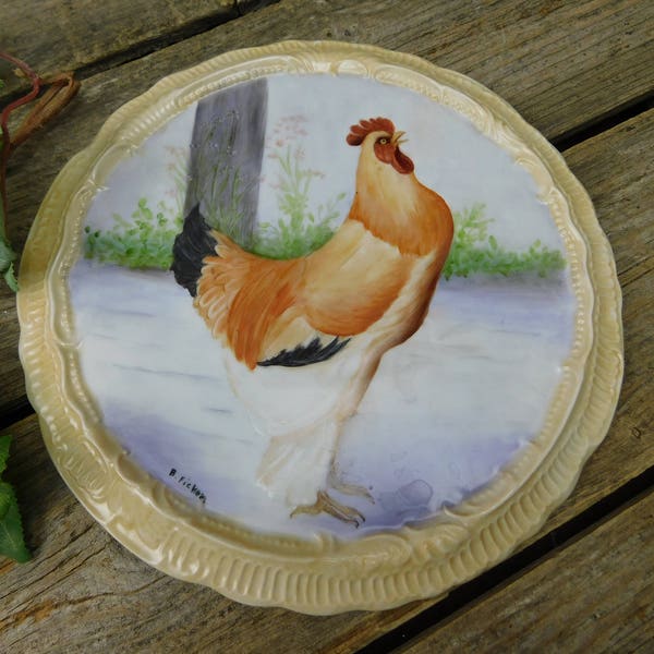 Vintage Hand Painted Rooster Cake Plate - Signed B. Ficken