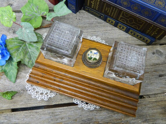On Antique Oak Glass Inkwell Desk Set Antique Oak Glass Inkwell Desk Set