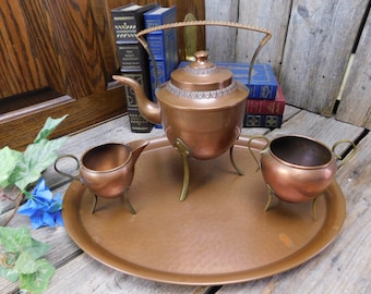 Antique Arts and Crafts Copper and Brass Tea Set - Teapot, Tray, Sugar, Creamer