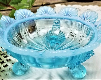 Iridescent Blue - 3 Footed - Opalescent - Moonstone Glass - Shell Edge - Berry Bowls - Dessert Bowls - Set of 4 - Vintage