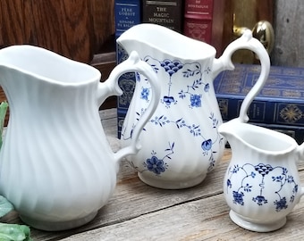 Myott, Johnson Brothers and Churchill Pitchers - Set of 3 - Vintage - White Swirl China - Finlandia - The Georgian Collection