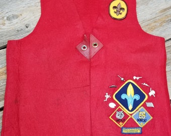 Boy Scout Red Wool and Felt Vest with Patches and Pins - Vintage - 1976