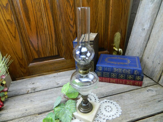 Primitive Hand Blown Glass On Sale.......Antique 19th Century Marble and Brass Whale Oil Hurricane Lamp