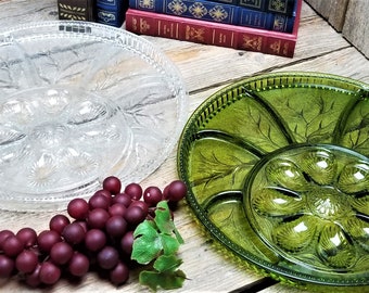 Set of 2 - Indiana Glass - Pebble Leaf - Green Glass Egg Plate - Clear Glass Egg Plate - Hors D'oeuvres - Relish Platter - Vintage