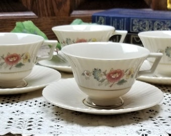 Lenox Temple Blossom Porcelain Pedestal Cups and Saucers - Set of 4 - Vintage