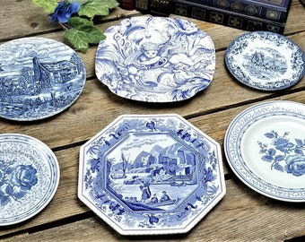 Blue on White Plates - Spode - Johnson Brothers - Woods and Sons - Wall Grouping - Vintage - Set of 6