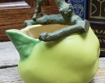 Art Pottery - Beautiful Bisque Creamer Green Apple with Leaf spout with a realistic branch handle - G P 2000*