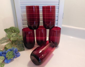 Set of 6 Vintage Anchor Hocking 1940's Ruby Red Royal Ruby Juice Glasses Tumblers