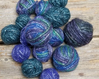 Tiffany Yarn - Little Glitter Scarf Kit - 17 Small Balls - Baby Alpaca Glitter Yarn - Purple and Blue Green Yarn - New Old Stock