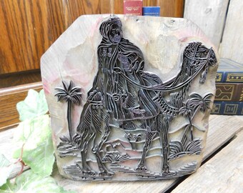 Beautiful S. B. Co. Large Antique Wood and Metal Textile/Wallpaper Printing Block - Arabian Man Riding Camel in the Desert