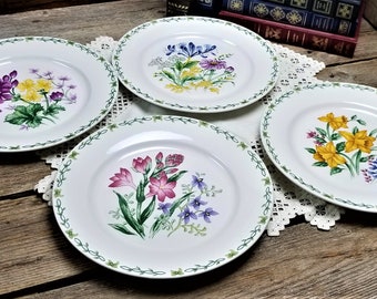 Thomson Pottery - Floral Garden - Dinner Plates - Pink Crocus - Iris - Primrose - Daffodil - Set of 4 - Vintage