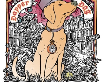 Dapper Labrador in London Art Print. A4 Pink and Orange Dapper Dog Breed Art Print.