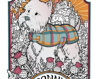 Highland Terrier Art Print. A4 Orange, Pink and Blue 'Canny Wee Dug' Art Print.