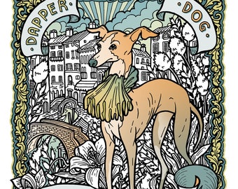 Dapper Italian Greyhound Print. A4 Blue and Green 'Cane Azzimato' Dog Breed Art Print.