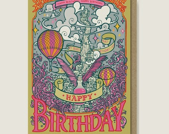 Happy Birthday Card. Pink and Green Fantasy, Steampunk Hot Air Balloon Card.