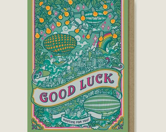 Good Luck Card. Green and Pink Fantasy, Steampunk 'Rooting for You' Card
