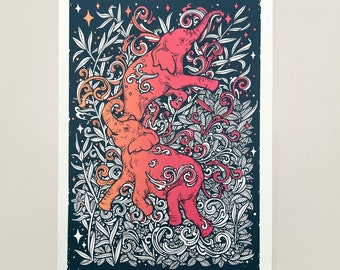 Wading Elephants Illustration Screenprint. Colourful Magenta, Orange and Deep Blue Fantasy Print. Hand-Made Animal Unframed Wall Art