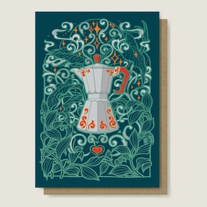 Espresso Maker Coffee Themed Greeting Card. Kitchen Kitsch, Blue and Green, Moka Pot Art Card image 1