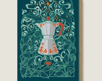 Espresso Maker Coffee Themed Greeting Card. Kitchen Kitsch, Blue and Green, Moka Pot Art Card