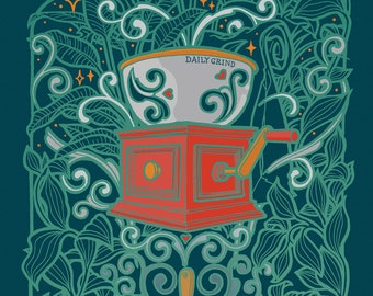 Illustré 'Daily Grind' Coffee Maker Art Print. Art mural de cuisine bleu profond, vert et rouge.