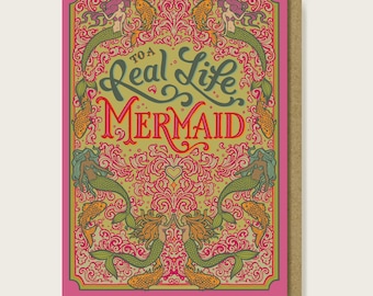 Real Life Mermaid Birthday Card. Decorative and Nautical Pink and Green Anytime Card