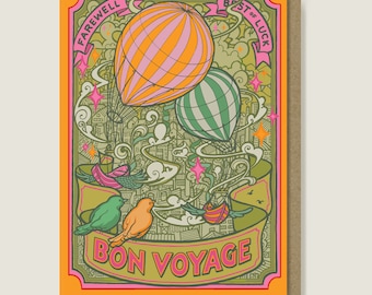 Bon Voyage Card. Orange and Green Fantasy, Steampunk Hot Air Balloon Goodbye Card.